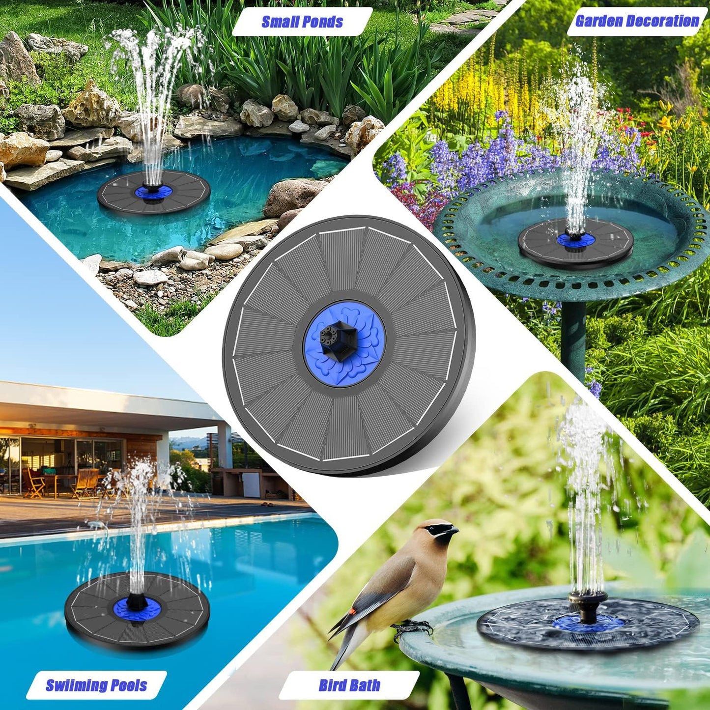 Solar Fountain Upgrade, 3.5W Solar Powered Bird Bath Fountains with Flower, Outdoor Water Feature Solar Pump with 7-In-1 Nozzles, 4 Fixed Pipes for Humingbirds, Garden, Pool, Pond, and Fish Tank