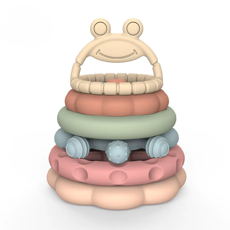 Stacking Cups Toy Fun Educational Baby Toys Silicone Soft Teething Toy Castle Frog Learning Tower Blocks for Infants Toddlers