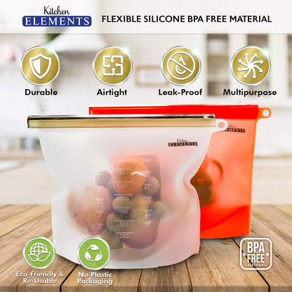 Reusable Silicone Food Storage Bags [7 Set] | [4 X 1000Ml + 2 X 1500Ml + Bonus Bag Rack Holder] | Freezer, Microwave & Dishwasher Safe | for Soups, Sandwiches + More | by