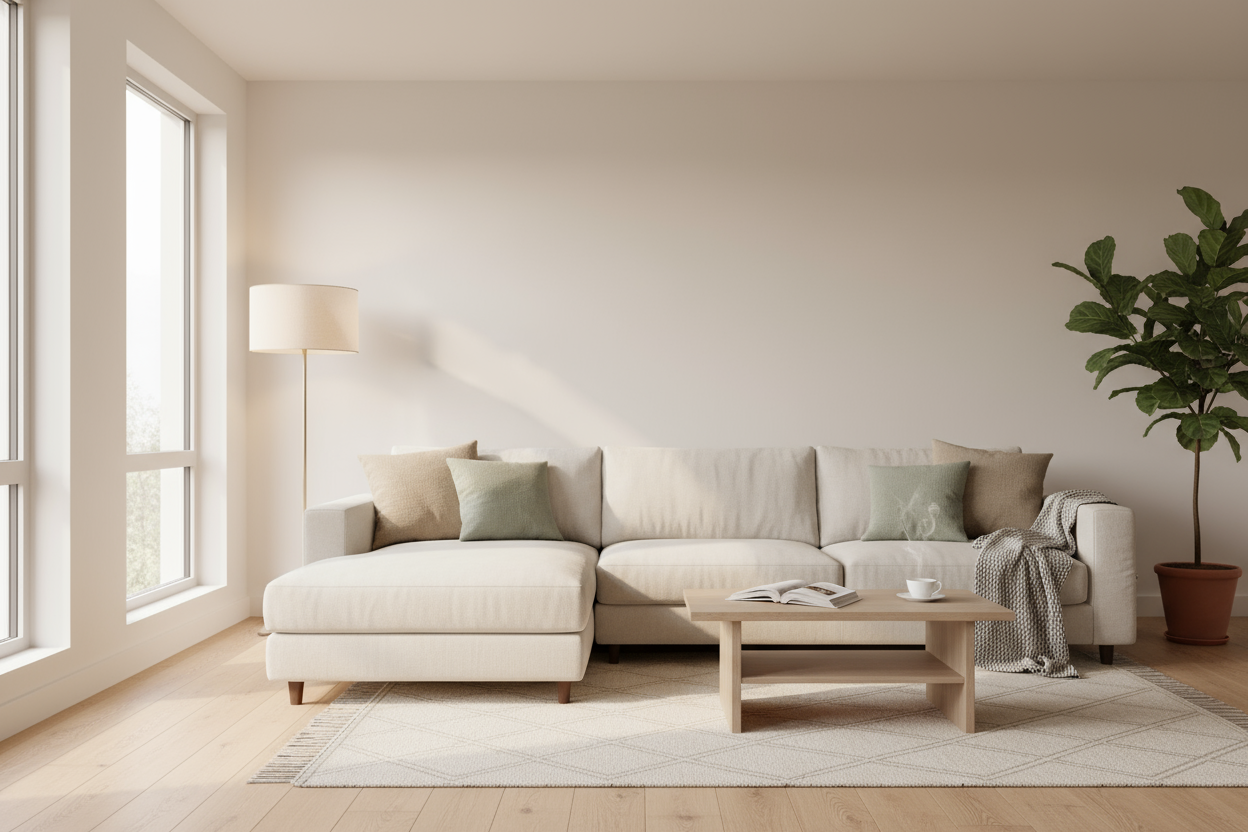 Create a bright, modern living room interior that feels calm, cozy, and lived-in.
The space should feature neutral colors (beige, off-white, sage green, light wood) with soft natural light streaming through large windows.
Include subtle details like a sofa with soft pillows, a warm lamp, a coffee table with a book or tea cup, and a plant in the corner.
The composition should feel relaxed, inviting, and minimalist — no people, no text, no logos.
Aspect ratio: 16:9
Mood: Peaceful, homey, and functional beauty
