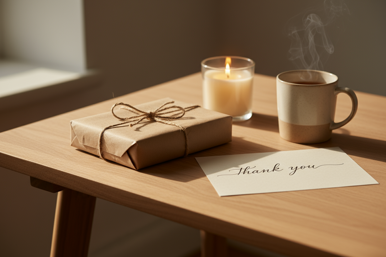 Create a warm, friendly home scene symbolizing care and connection.
Show a minimal table or workspace with a neatly wrapped package, a handwritten thank-you note, or cozy home details (like a candle or mug).
Use soft lighting, neutral tones, and natural shadows to create an atmosphere of trust and simplicity.
Avoid any faces, hands, or text — focus on objects and mood.
Aspect ratio: 16:9
Mood: Warm, honest, human-centered.