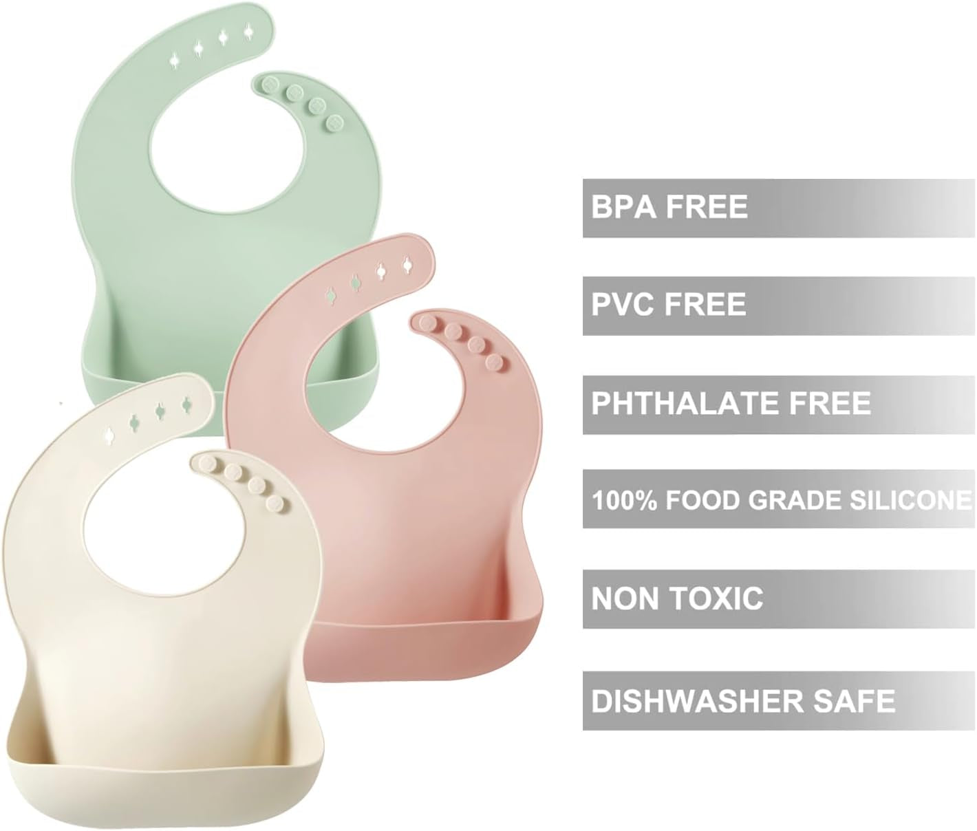 3 Pack Silicone Bibs for Babies & Toddlers, Waterproof Baby Bibs 6-12-18 Months for Weaning, BPA Free Adjustable Baby Feeding Bib with Large Pocket Food Catcher