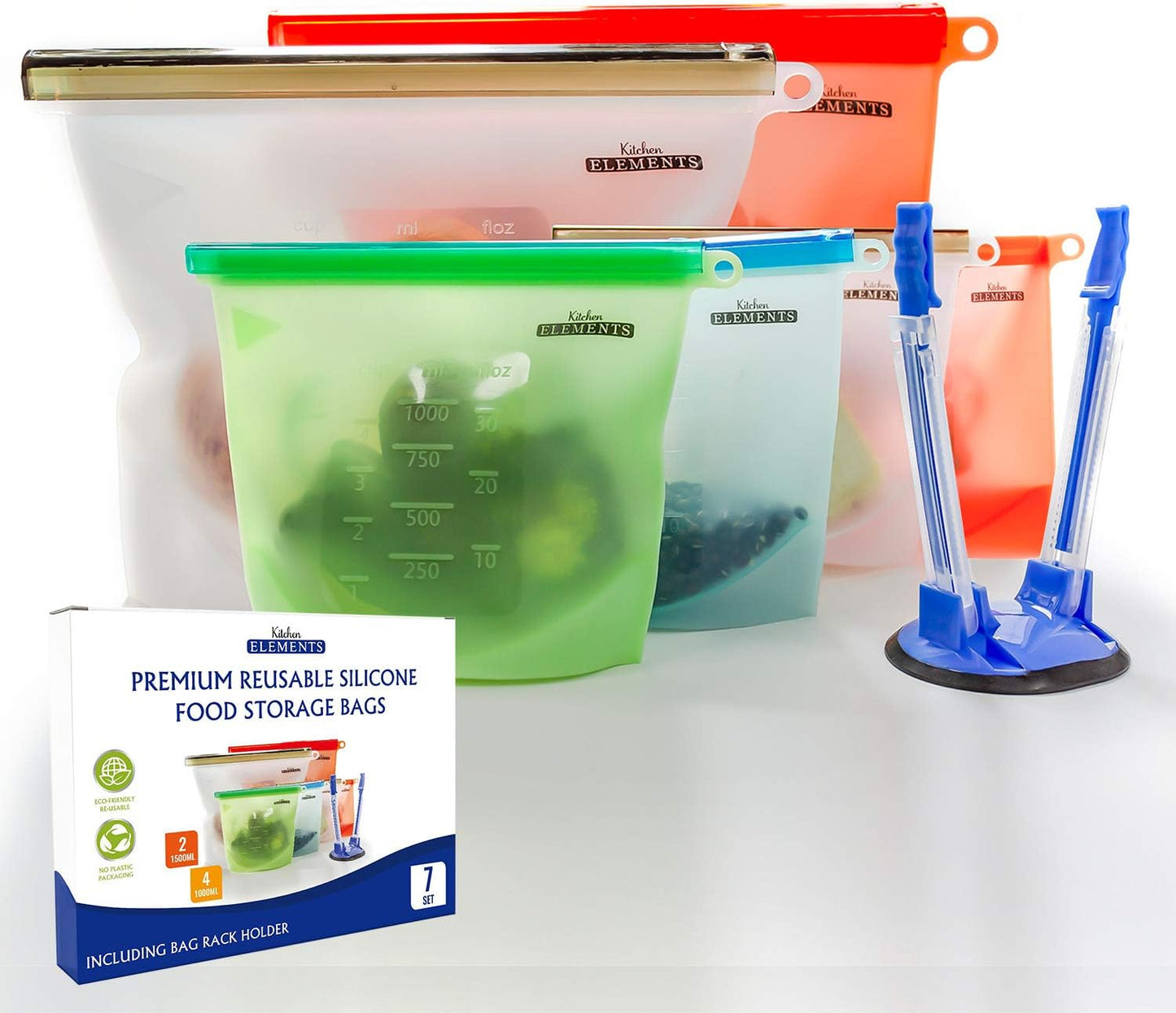 Reusable Silicone Food Storage Bags [7 Set] | [4 X 1000Ml + 2 X 1500Ml + Bonus Bag Rack Holder] | Freezer, Microwave & Dishwasher Safe | for Soups, Sandwiches + More | by