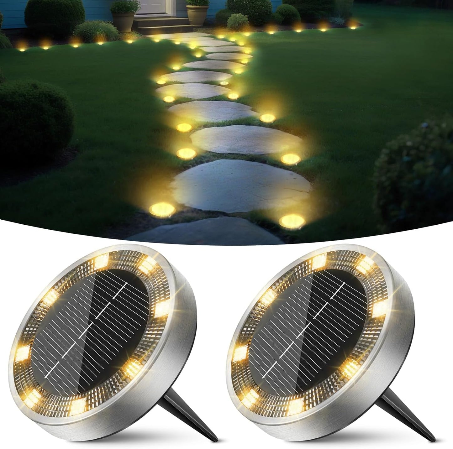 2 Pack Solar Lights Outdoor Garden, Solar Ground Light, Waterproof Disk Lights for Pathway, Patio, Yard, Lawn, Landscape (Warm White)