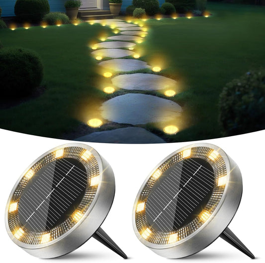 2 Pack Solar Lights Outdoor Garden, Solar Ground Light, Waterproof Disk Lights for Pathway, Patio, Yard, Lawn, Landscape (Warm White)
