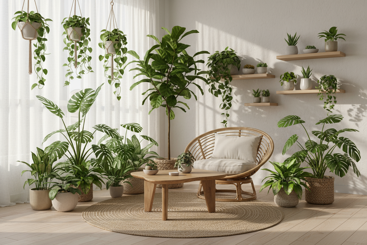 Generate a bright, eco-inspired home or indoor garden space that blends nature and comfort.
Include lush green indoor plants, natural textures (rattan, linen, wood, stone), and sunlight filtering through sheer curtains or a large window.
Optional: a small corner of a kitchen or living room that feels sustainable and fresh.
The focus should be on nature, calmness, and mindful living.
No text, no people, no logos.
Aspect ratio: 16:9
Mood: Natural, refreshing, sustainable.